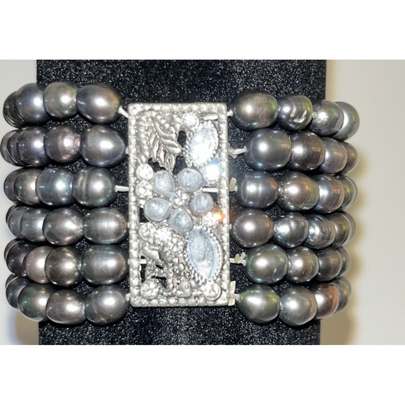 Vintage Estate Pearl Bracelet Purple Blue Crystals Stretch Floral Silver Glam - Picture 5 of 7